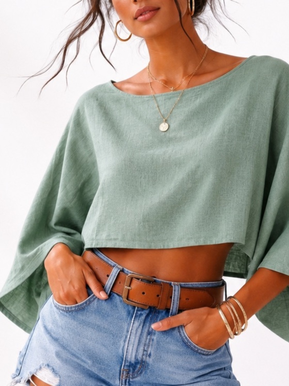 NWT Organic Cotton Sage Mint Green Cropped Boho Top – Off-Shoulder or Boat Neck